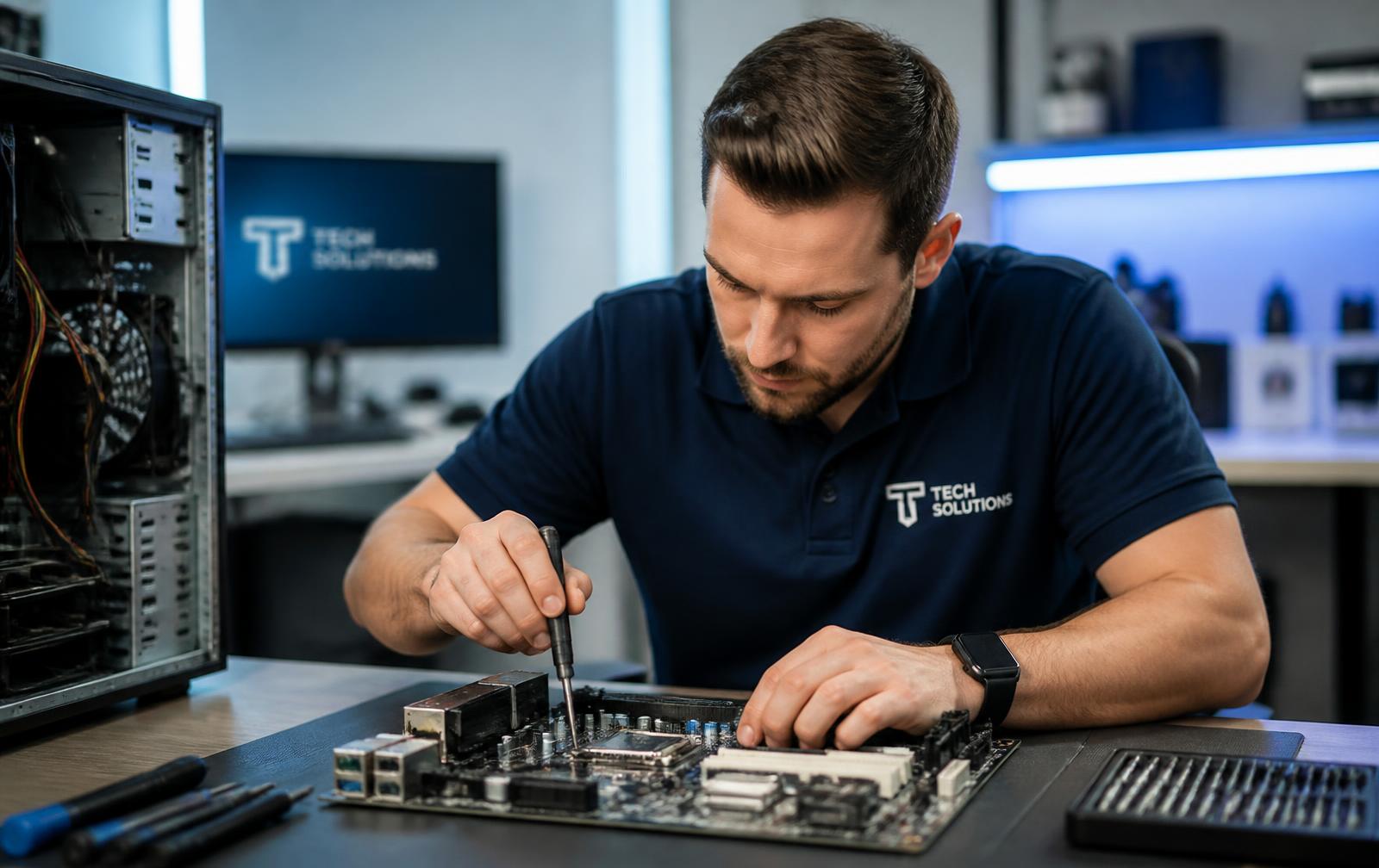 Técnico de Tecnocom reparando una computadora en el taller